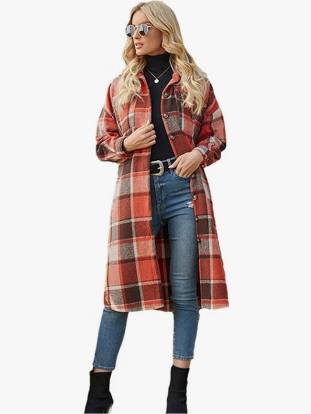 Plaid Longline Trench Coat in Orange Plaid
